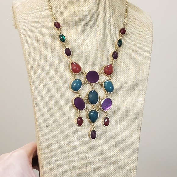 Gold tone, Enamel glass colorful bead drop dangle fashion necklace - Picture 3 of 7